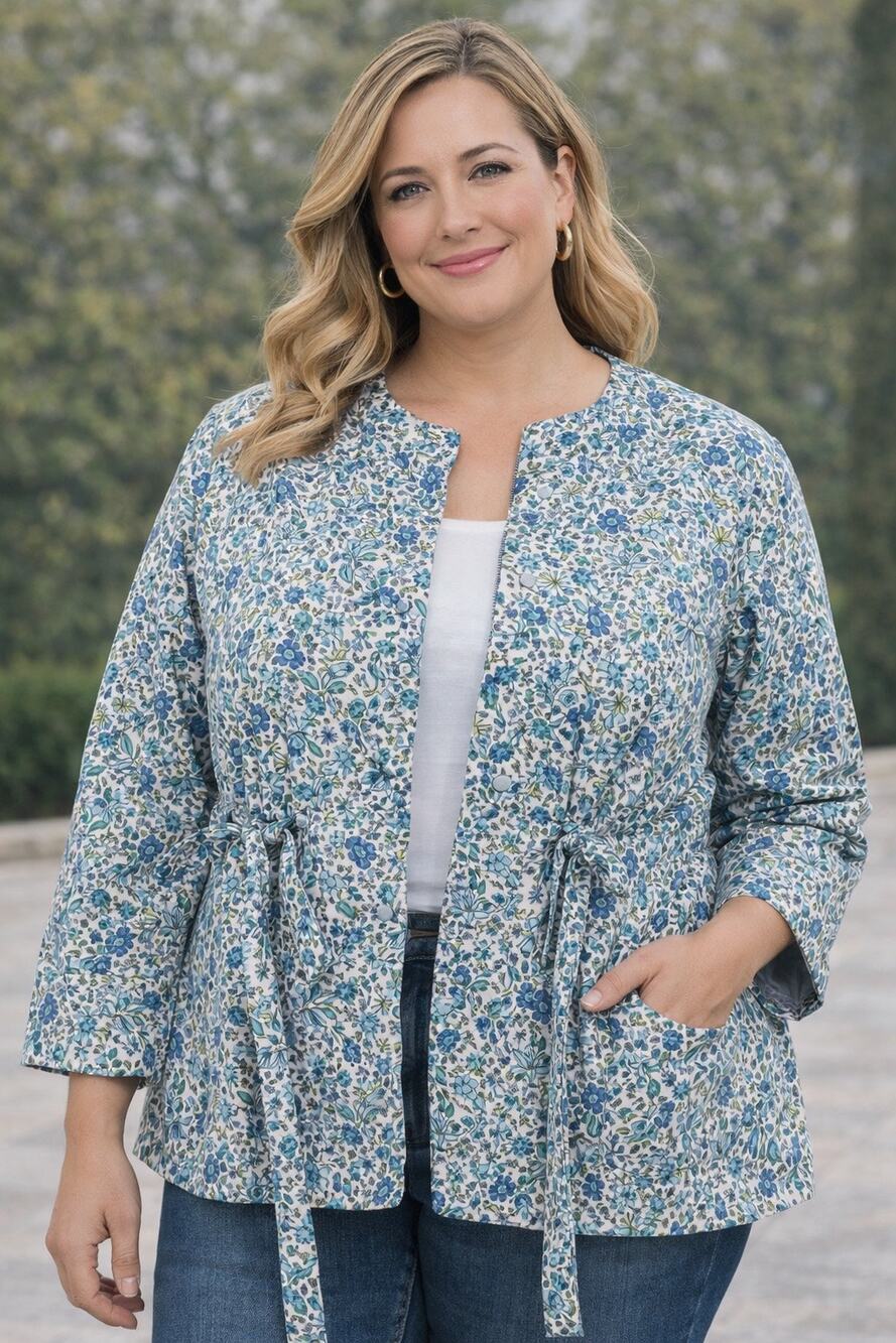 St John’s Bay XL Belted Blue Coastal Cottagecore Floral Quilted Jacket